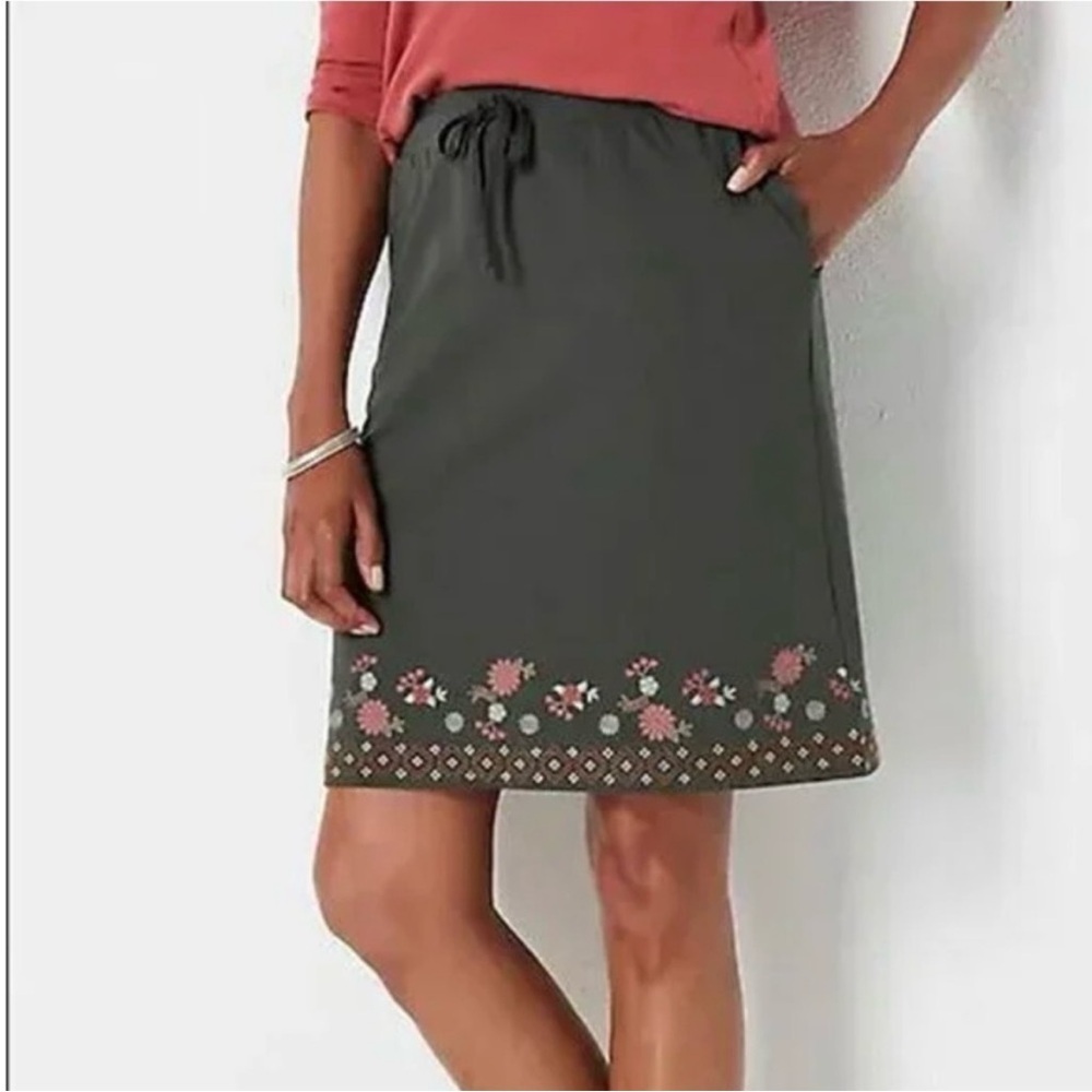 J. Jill NWT watercress green floral embroidered cotton pull on drawstring skirt